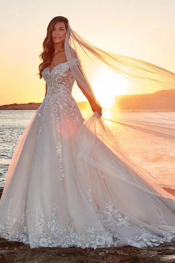 Ivory Off Shoulder Wedding Dress Ball Gown Illusion Lace Corset 3D Floral