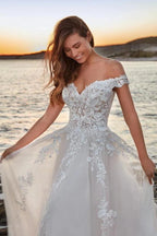 Ivory Off Shoulder Wedding Dress Ball Gown Illusion Lace Corset 3D Floral