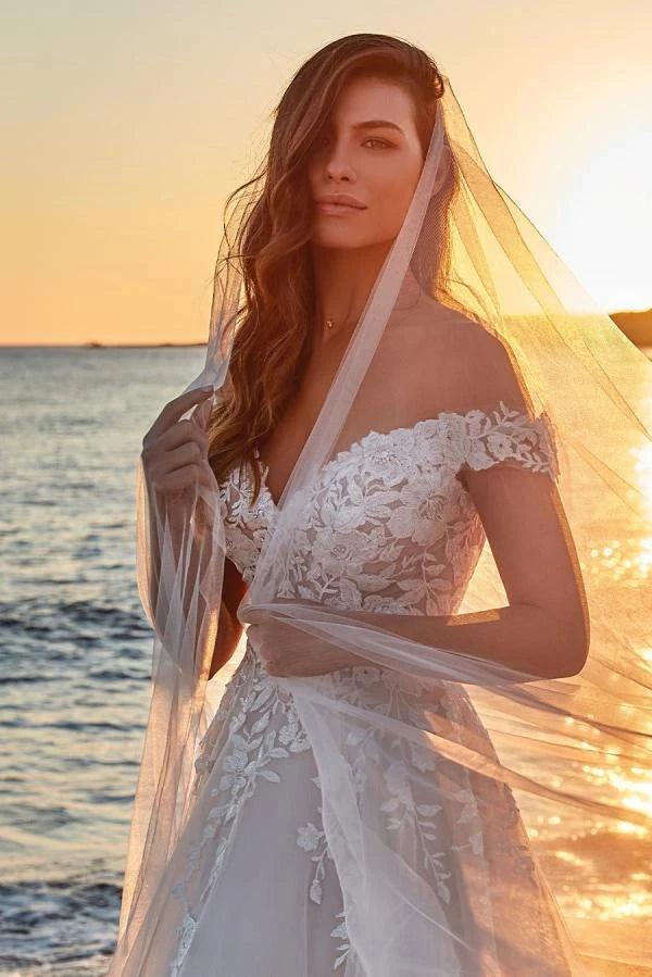 Ivory Off Shoulder Wedding Dress Ball Gown Illusion Lace Corset 3D Floral