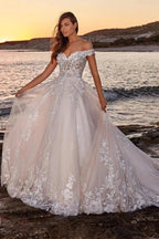 Ivory Off Shoulder Wedding Dress Ball Gown Illusion Lace Corset 3D Floral