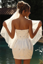 Ivory Satin Mini Wedding Dress Strapless Ruched Bodice Crystal Butterfly