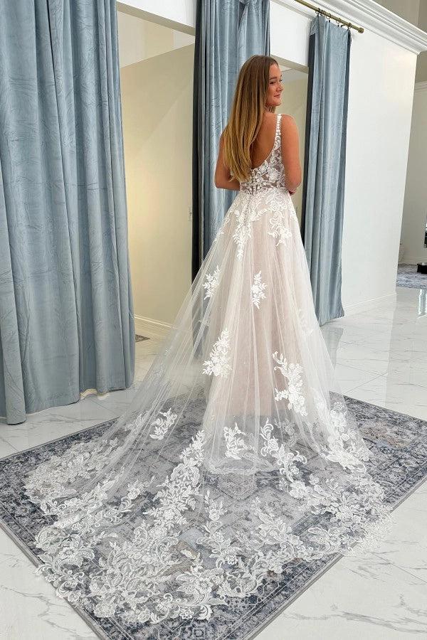 Ivory Tulle A Line Wedding Dress Lace Bodice V Neck Spaghetti Straps Open Back