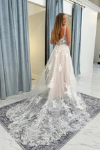 Ivory Tulle A Line Wedding Dress Lace Bodice V Neck Spaghetti Straps Open Back