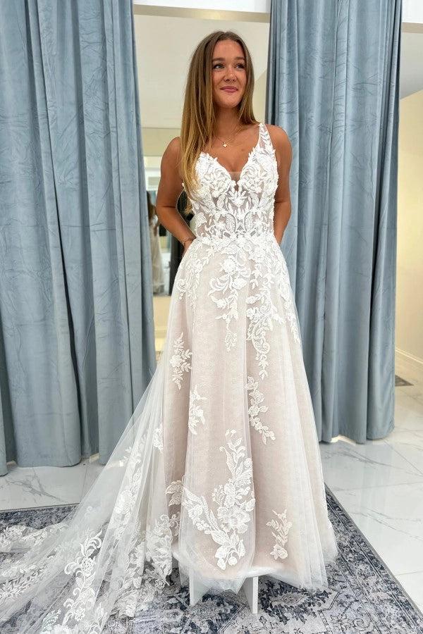 Ivory Tulle A Line Wedding Dress Lace Bodice V Neck Spaghetti Straps Open Back