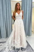 Ivory Tulle A Line Wedding Dress Lace Bodice V Neck Spaghetti Straps Open Back