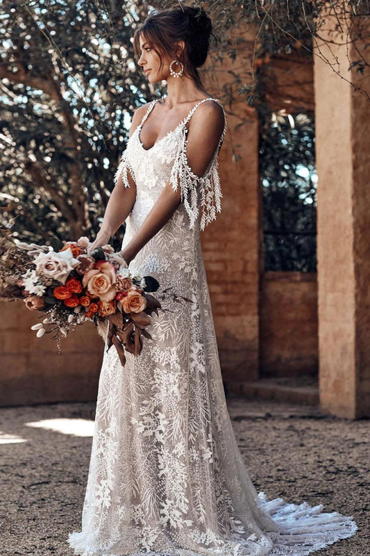 Ivory Bohemian Scoop Neckline Backless Beach Wedding Dress