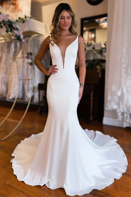 Plunge V Backless Long Mermaid Wedding Dress