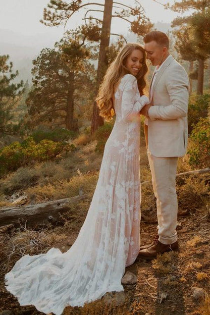 Ivory Long Sleeve Rustic Wedding Dresses Backless Sheath Beach Wedding Dress