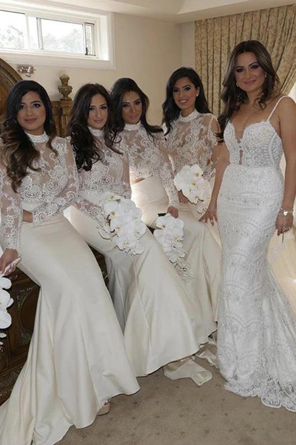 Ivory Mermaid Satin High Neck Long Sleeves Bridesmaid Dress With Lace