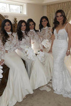 Ivory Mermaid Satin High Neck Long Sleeves Bridesmaid Dress With Lace