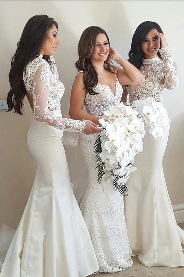 Ivory Mermaid Satin High Neck Long Sleeves Bridesmaid Dress With Lace