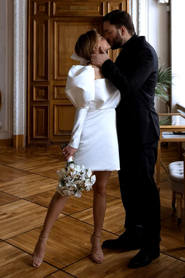 Ivory Puff Sleeves Short Wedding Dress Vintage Wedding Dress