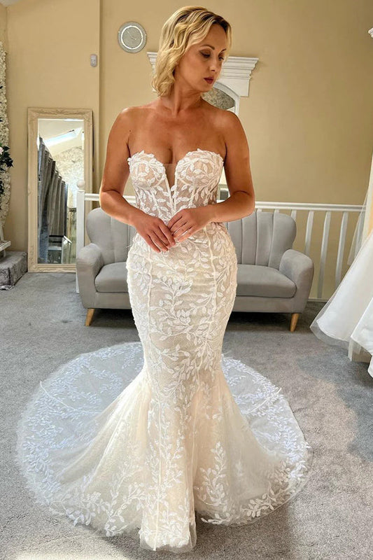 Elfenbein Spitze trägerloses Meerjungfrau Brautkleid Spitze Brautkleid