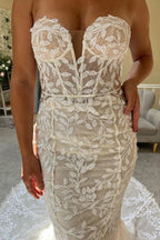 Elfenbein Spitze trägerloses Meerjungfrau Brautkleid Spitze Brautkleid