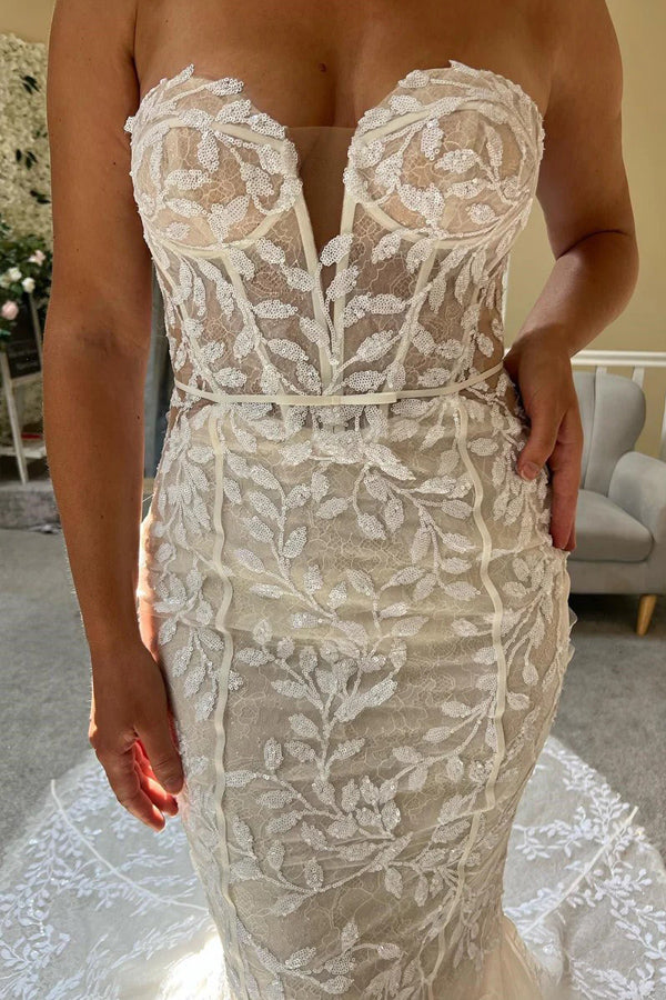 Elfenbein Spitze trägerloses Meerjungfrau Brautkleid Spitze Brautkleid