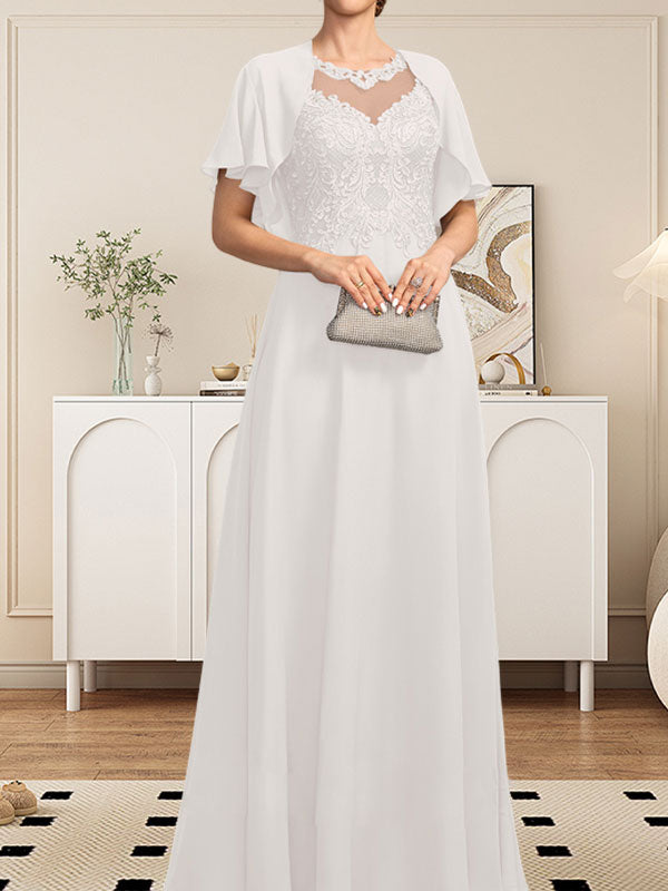 A-Linie, U-Ausschnitt, Illusion, bodenlanges Spitzen-Chiffon-Kleid für die Brautmutter mit Pailletten