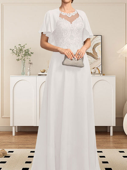 A-Linie, U-Ausschnitt, Illusion, bodenlanges Spitzen-Chiffon-Kleid für die Brautmutter mit Pailletten