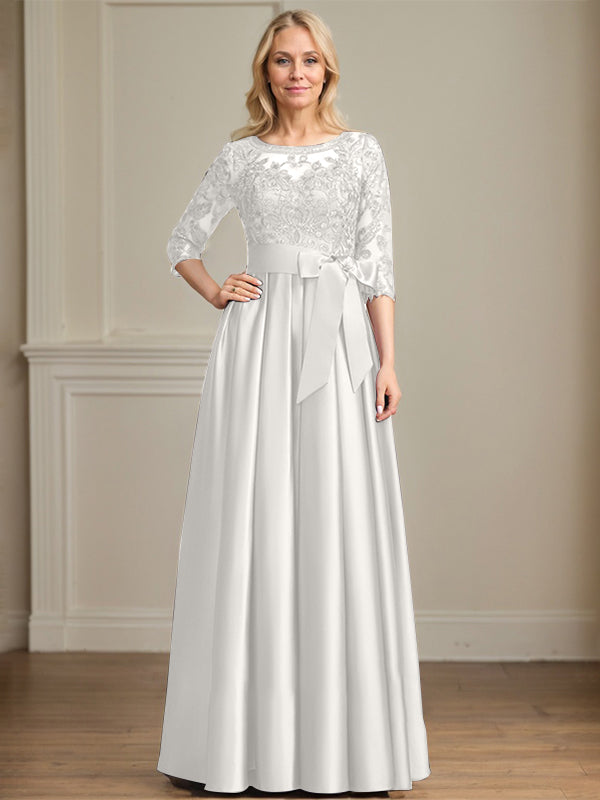 A-Linie, U-Ausschnitt, Illusion, bodenlanges Satin-Spitzenkleid für die Brautmutter mit Paillettenschleife 