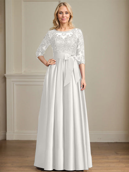 A-Linie, U-Ausschnitt, Illusion, bodenlanges Satin-Spitzenkleid für die Brautmutter mit Paillettenschleife 
