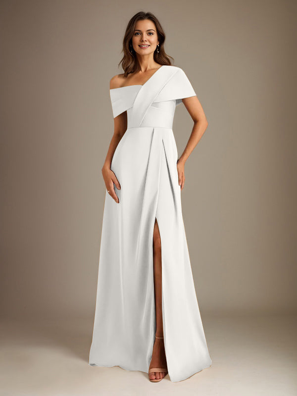 Robe de mère de la mariée en satin, longueur au sol, encolure asymétrique en ligne A avec plis