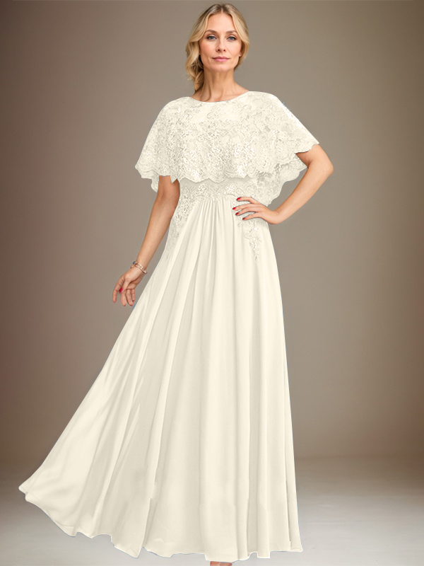 Robe de mère de la mariée en mousseline de soie à dentelle, longueur au sol, en ligne A, col bateau, ornée d'appliques à paillettes