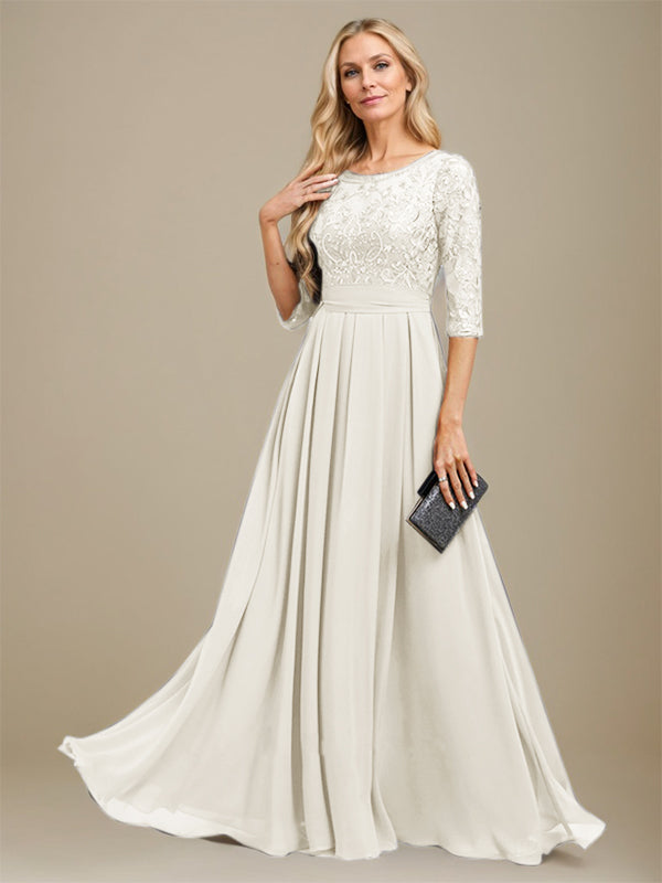A-Linie U-Ausschnitt Bodenlang Spitzen-Chiffon-Kleid für die Brautmutter mit Paillettenapplikation 