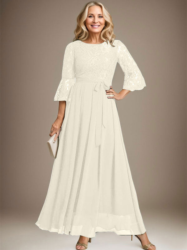 Robe de mère de la mariée en mousseline de soie à dentelle, longueur cheville, en forme trapèze avec encolure dégagée et nœud