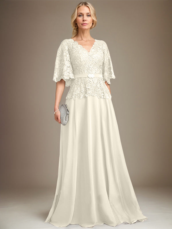 A-Linie V-Ausschnitt Bodenlang Chiffon Spitze Mutter der Braut Kleid Mit Kristall Brosche Strass 