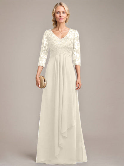 Vestido de madre de la novia de gasa con encaje, escote en V, largo hasta el suelo, con volantes en cascada y lentejuelas 