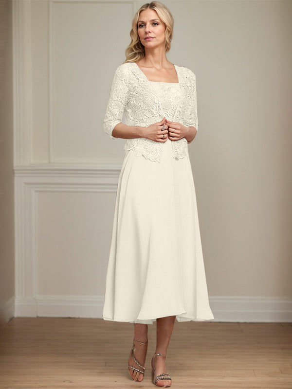 A-Linie Quadratisches Wadenlanges Chiffon-Spitzenkleid für die Brautmutter mit Pailletten und Perlen 