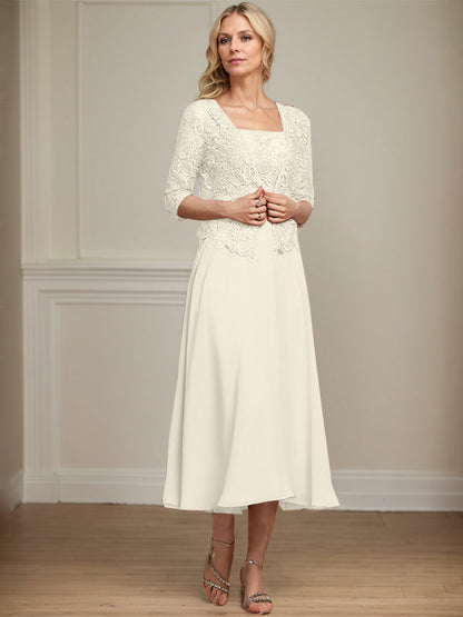 A-Linie Quadratisches Wadenlanges Chiffon-Spitzenkleid für die Brautmutter mit Pailletten und Perlen 