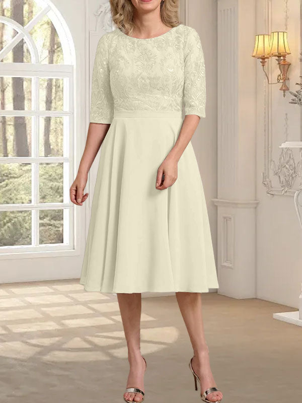 A-Linie U-Ausschnitt Knielang Chiffon Spitzenkleid für die Brautmutter
