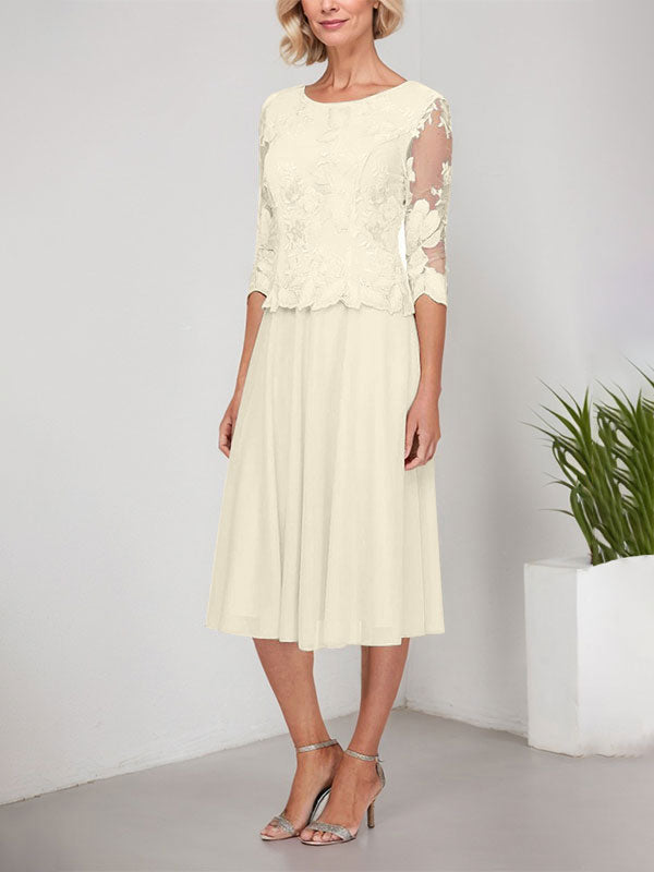 A-Linie U-Ausschnitt Wadenlang Spitzen Chiffon Mutter der Braut Kleid mit Stickerei 