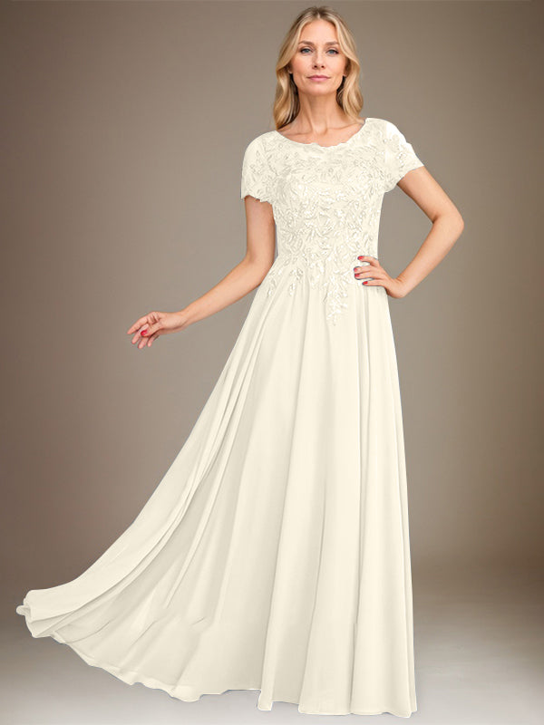 Robe de mère de la mariée en mousseline, longueur au sol, coupe en A, décolleté arrondi, ornée d'appliques et de paillettes