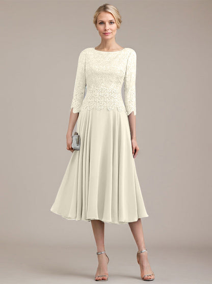 A-Linie U-Ausschnitt Wadenlang Chiffon-Kleid für die Brautmutter 