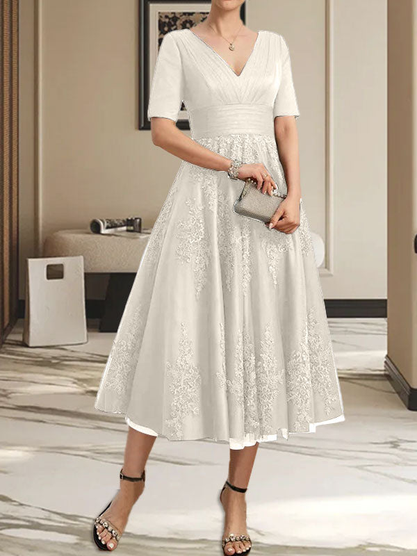 A-Linie V-Ausschnitt Wadenlanges Tüll-Spitzenkleid für die Brautmutter mit Plissee