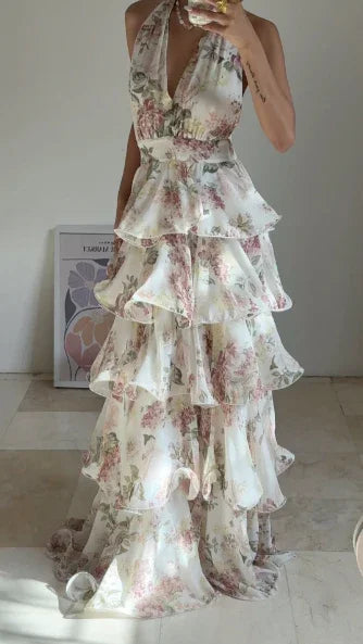 Abito da sera elegante in chiffon stampato floreale a linea ad A, senza schienale, scollo a V, con collo all'americana e strati, modello Y8501