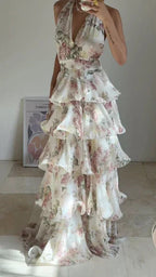 Abito da sera elegante in chiffon stampato floreale a linea ad A, senza schienale, scollo a V, con collo all'americana e strati, modello Y8501