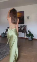 Vestido de noite simples verde com alças finas, fenda alta, corte em linha A, costas descobertas, vestido de baile Y8433
