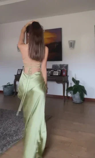 Vestido de noite simples verde com alças finas, fenda alta, corte em linha A, costas descobertas, vestido de baile Y8433