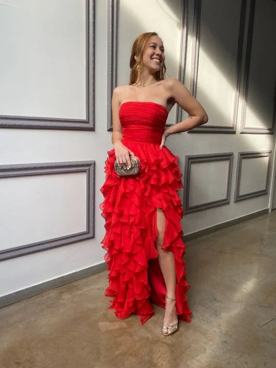 Vestido longo de cerimónia vermelho, sem alças, com folhos, Vestido de noite vermelho Y2367