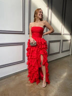 Vestido longo de cerimónia vermelho, sem alças, com folhos, Vestido de noite vermelho Y2367