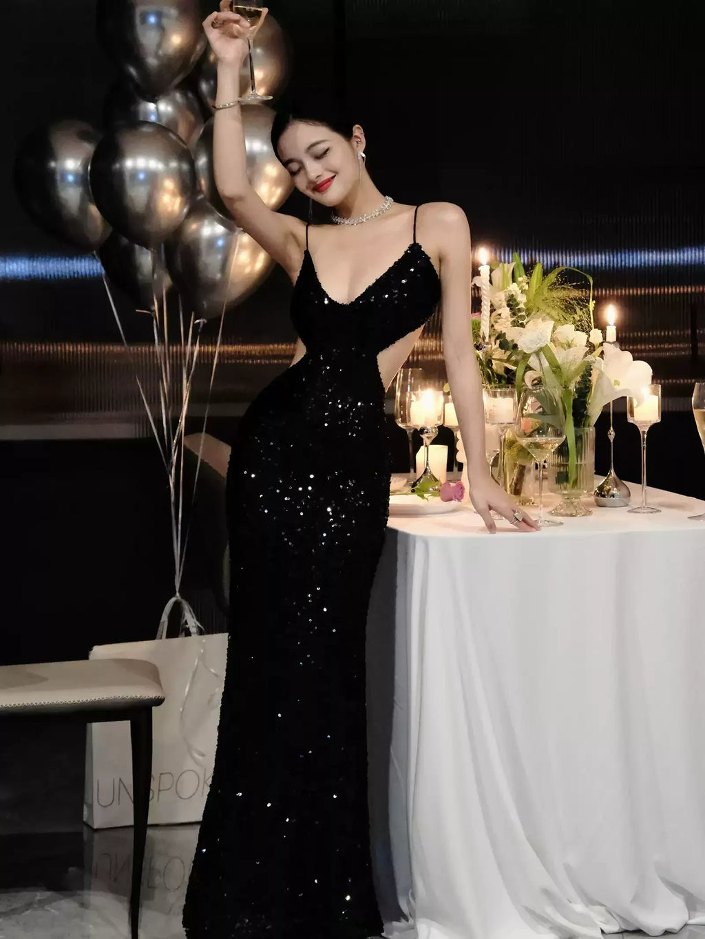 Abito da sera nero con paillettes scintillanti, vestito da sera sexy con schiena scoperta Y1124