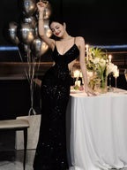 Abito da sera nero con paillettes scintillanti, vestito da sera sexy con schiena scoperta Y1124