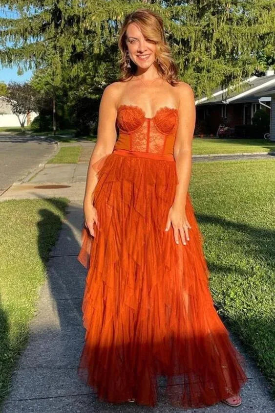 Abito da sera formale a linea A con scollo a cuore in pizzo e tulle per ballo Y4268