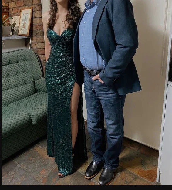 Abito lungo da sera formale con spacco, paillettes verde scuro, spalline sottili a spaghetti, sirena scintillante, modello Y1460