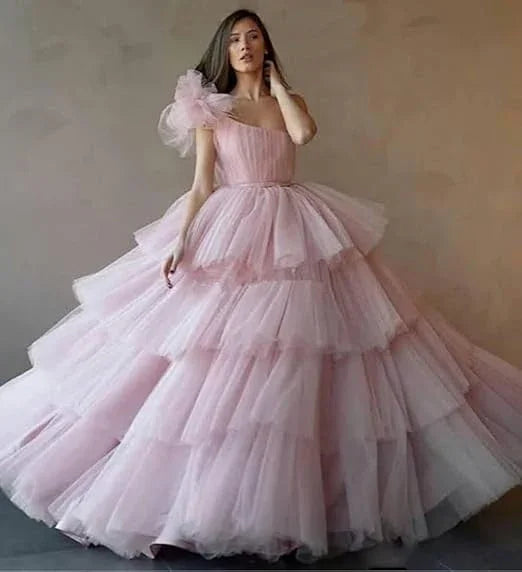 Rosa A-Linien Stufenrock Tüllballkleid, Rosa Süßes 16 Kleid Y6957