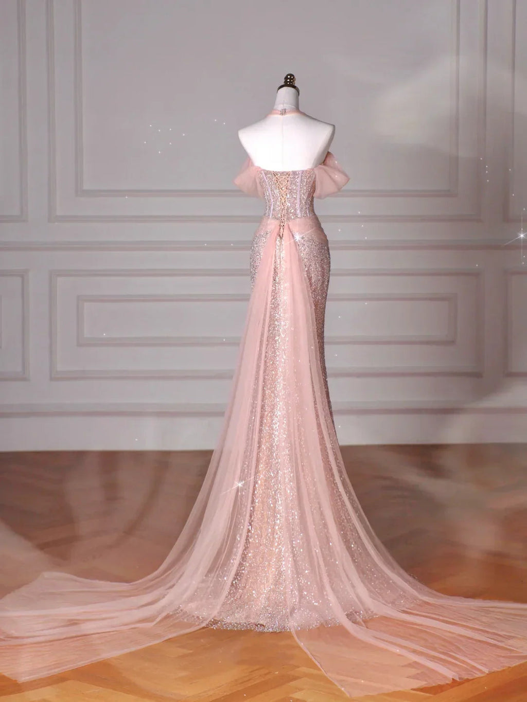 Elegante abito da sera lungo color rosa con scollo all'americana, paillettes, perline e tulle, modello sirena, abito da ballo Y8620