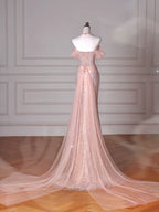 Elegante abito da sera lungo color rosa con scollo all'americana, paillettes, perline e tulle, modello sirena, abito da ballo Y8620