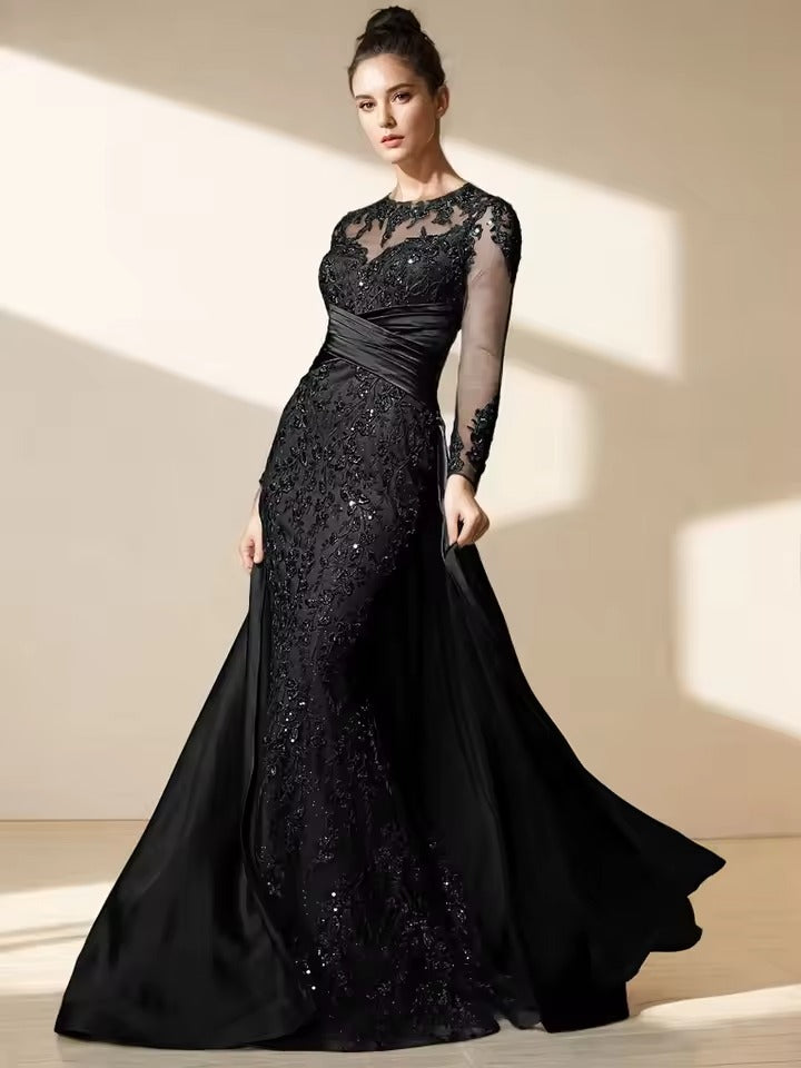 Abito da sera elegante bianco con applicazioni in pizzo di tulle, maniche lunghe, linea a trapezio, modello Y8514